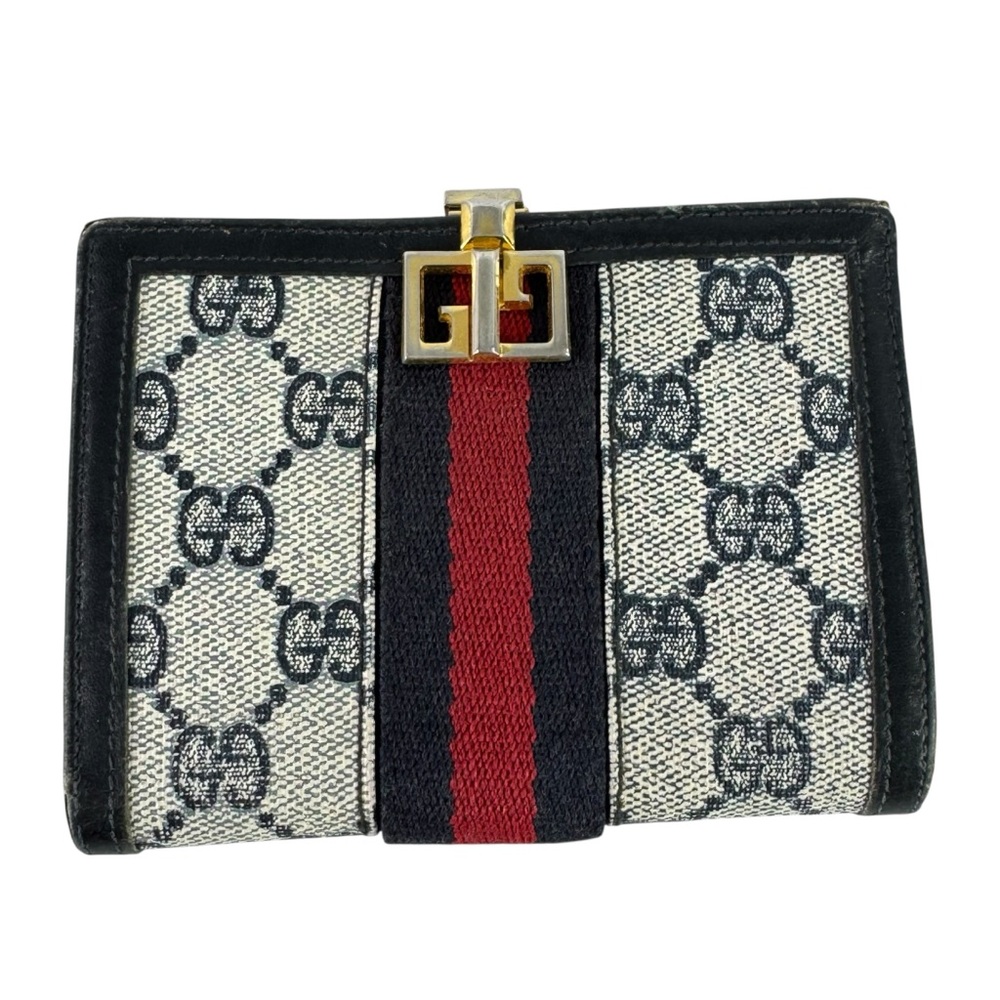 70's GUCCI Sherry Line Signature GG Navy Blue Canvas Leather Authenticated